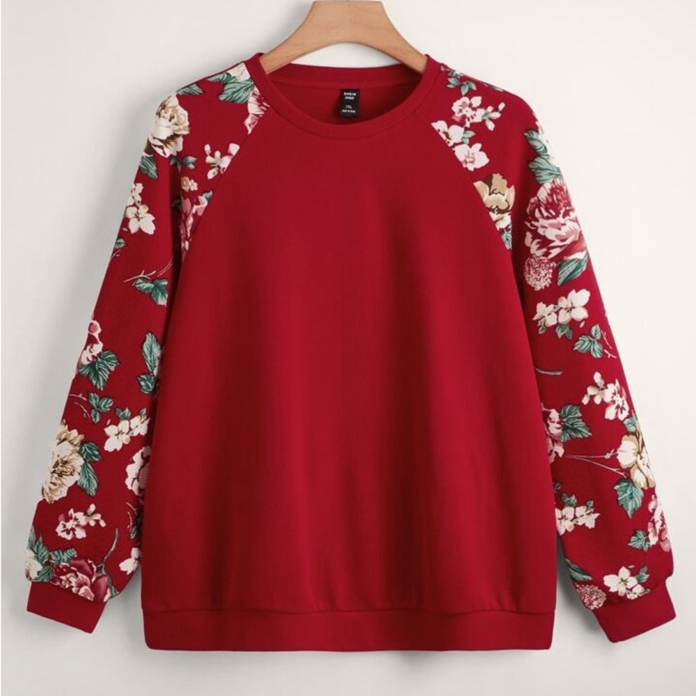 RED FLORAL PRINT RAGLAN SLEEVE PULLOVER